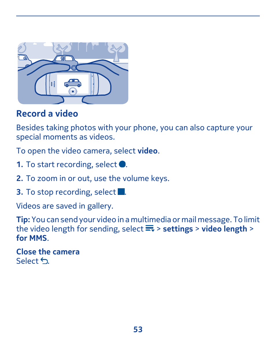 Record a video | Nokia 309 User Manual | Page 53 / 104