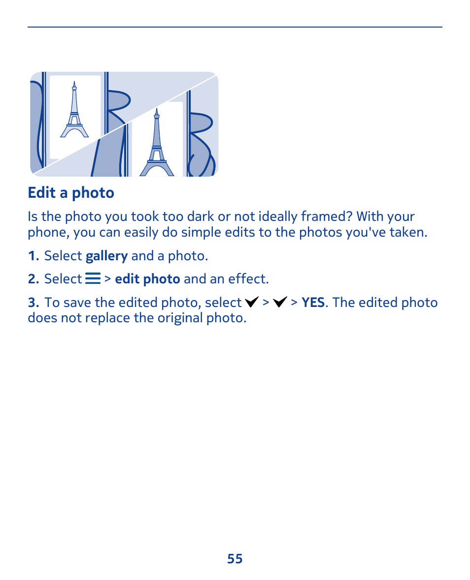 Edit a photo | Nokia 309 User Manual | Page 55 / 104
