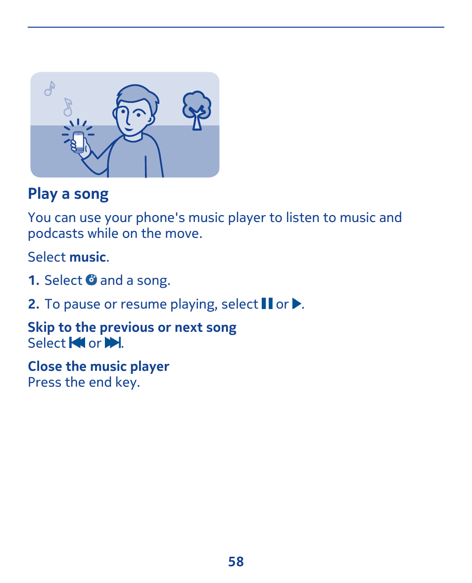 Play a song | Nokia 309 User Manual | Page 58 / 104