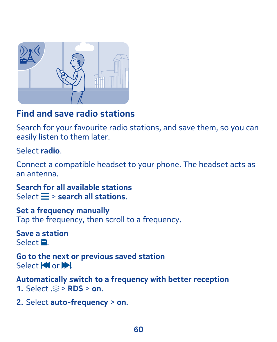 Find and save radio stations | Nokia 309 User Manual | Page 60 / 104