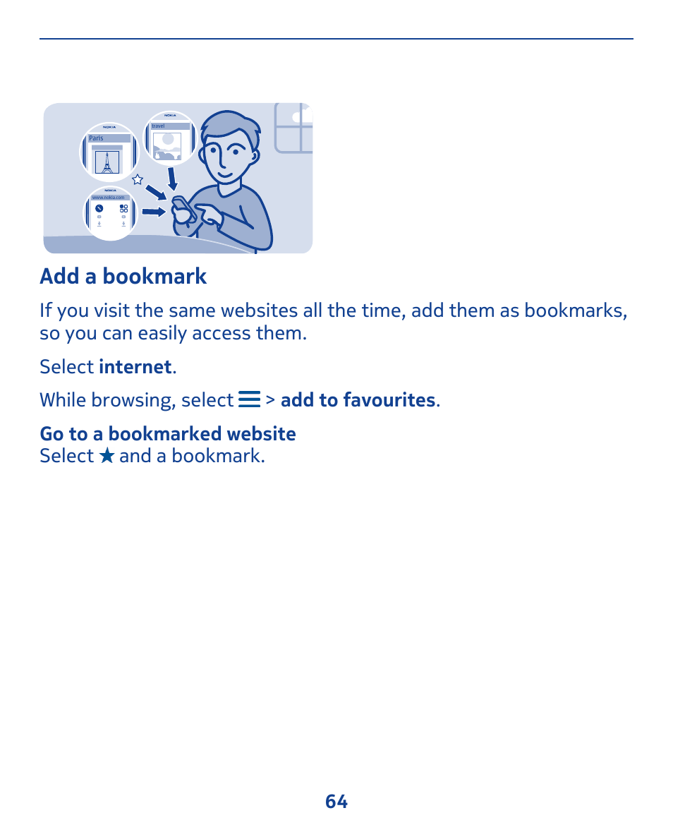 Add a bookmark | Nokia 309 User Manual | Page 64 / 104