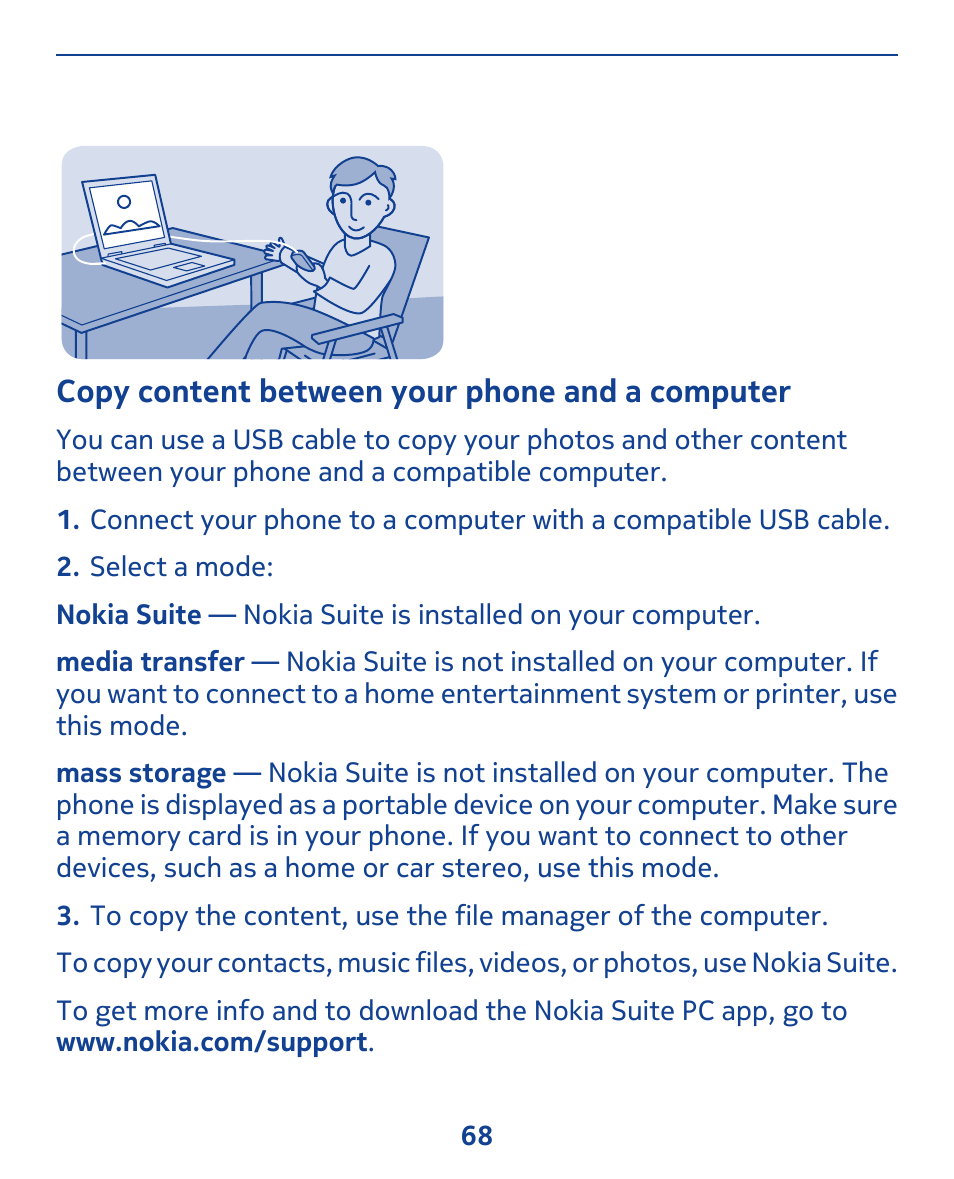 Copy content between your phone and a computer | Nokia 309 User Manual | Page 68 / 104