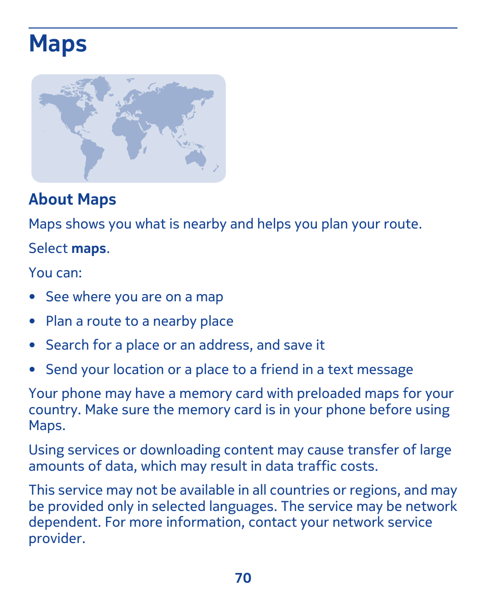 Maps, About maps | Nokia 309 User Manual | Page 70 / 104