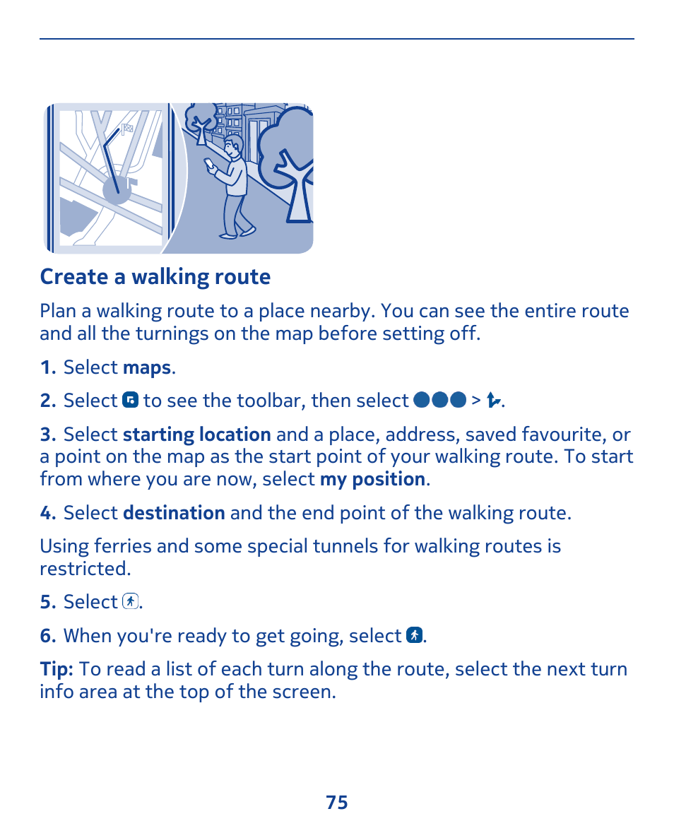 Create a walking route | Nokia 309 User Manual | Page 75 / 104