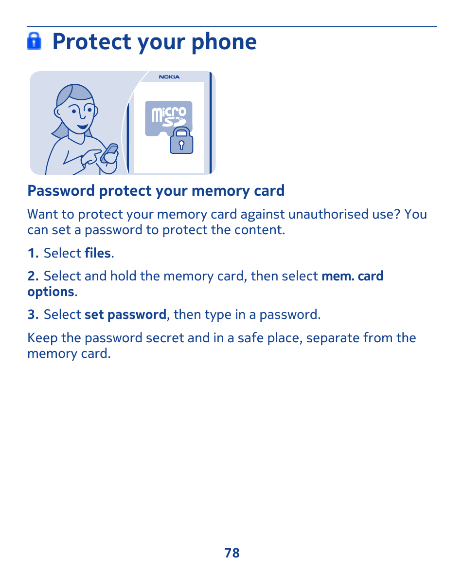 Protect your phone, Password protect your memory card | Nokia 309 User Manual | Page 78 / 104