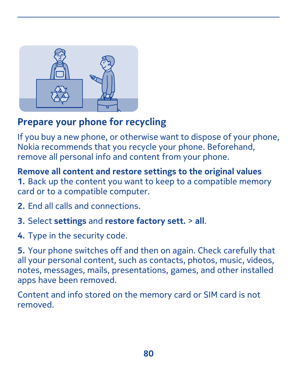 Prepare your phone for recycling | Nokia 309 User Manual | Page 80 / 104