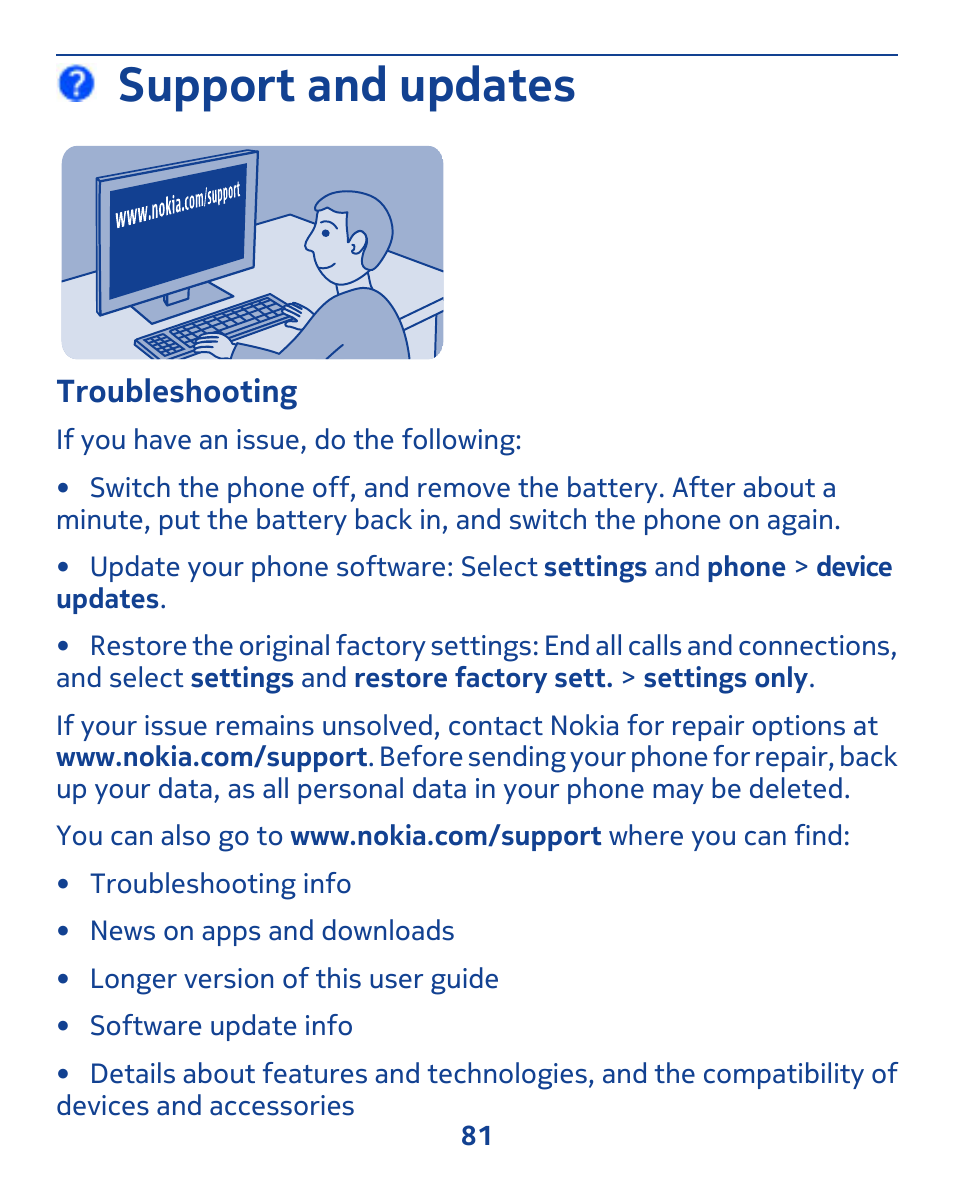 Support and updates, Troubleshooting | Nokia 309 User Manual | Page 81 / 104