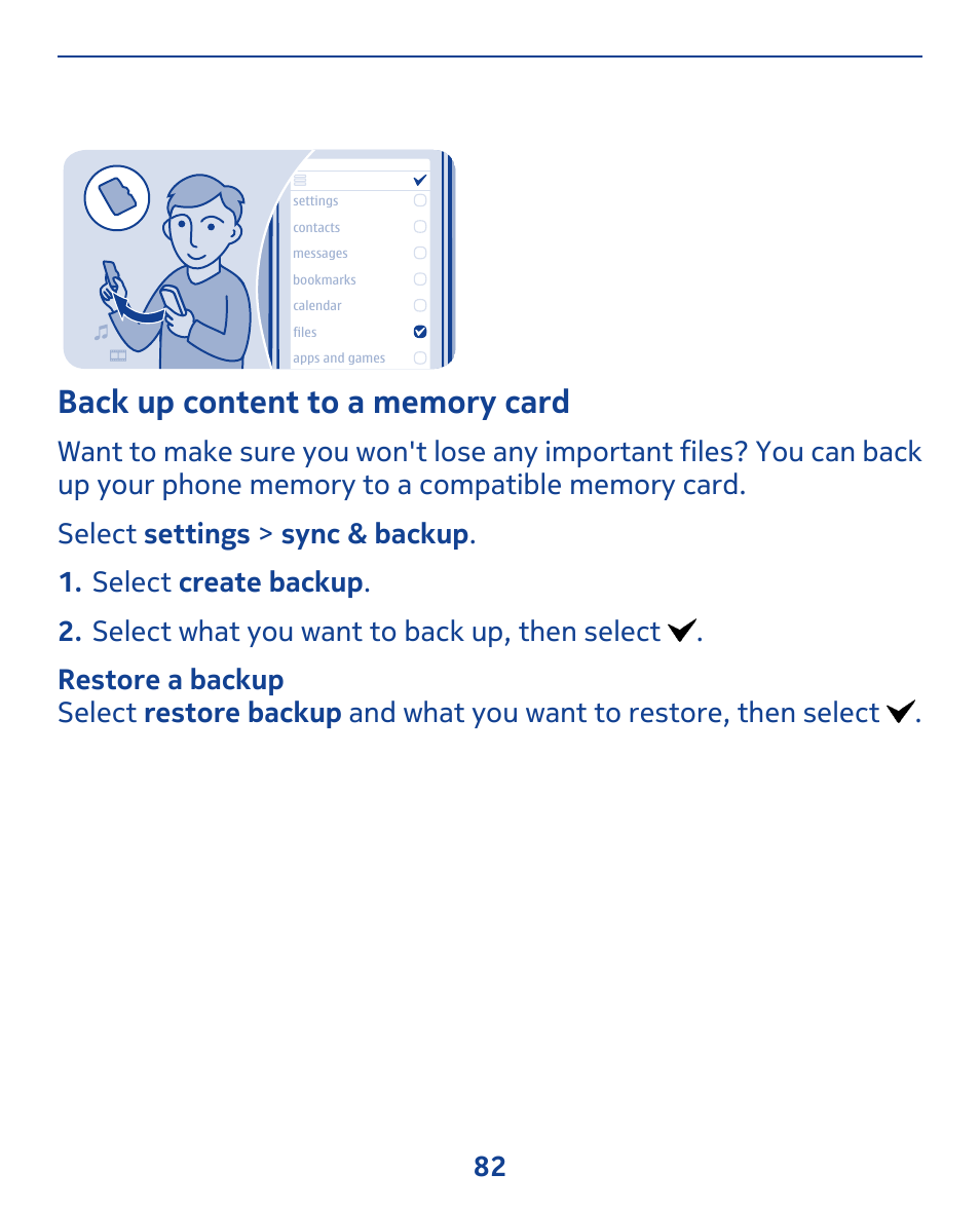 Back up content to a memory card | Nokia 309 User Manual | Page 82 / 104