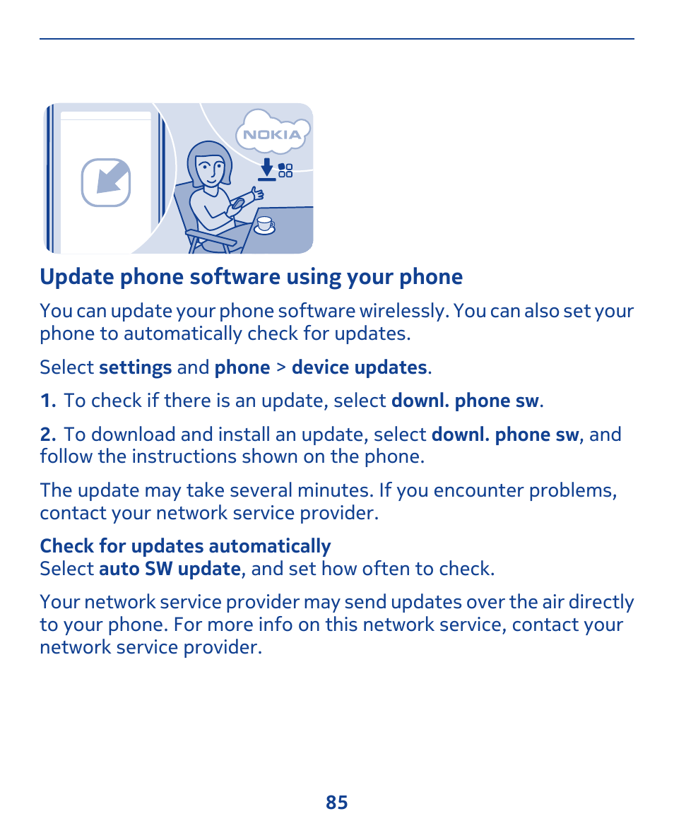 Update phone software using your phone | Nokia 309 User Manual | Page 85 / 104