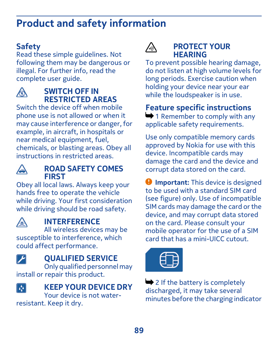 Product and safety information, Safety | Nokia 309 User Manual | Page 89 / 104