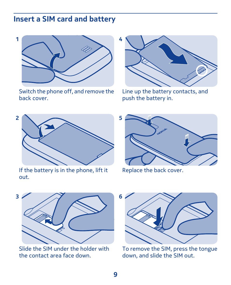 Insert a sim card and battery | Nokia 309 User Manual | Page 9 / 104