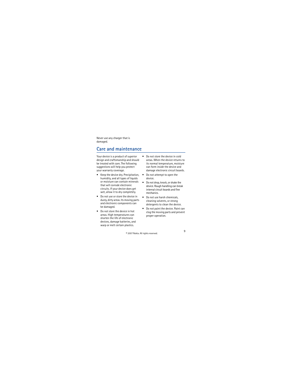 Care and maintenance | Nokia BH-101 User Manual | Page 9 / 10