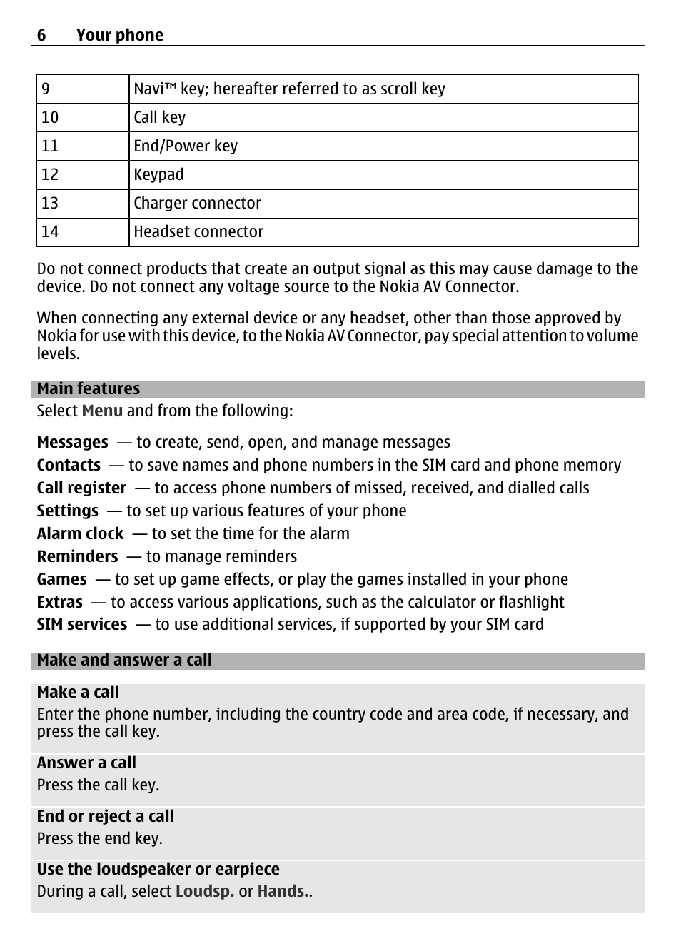 Main features, Make and answer a call | Nokia 1200 User Manual | Page 6 / 14