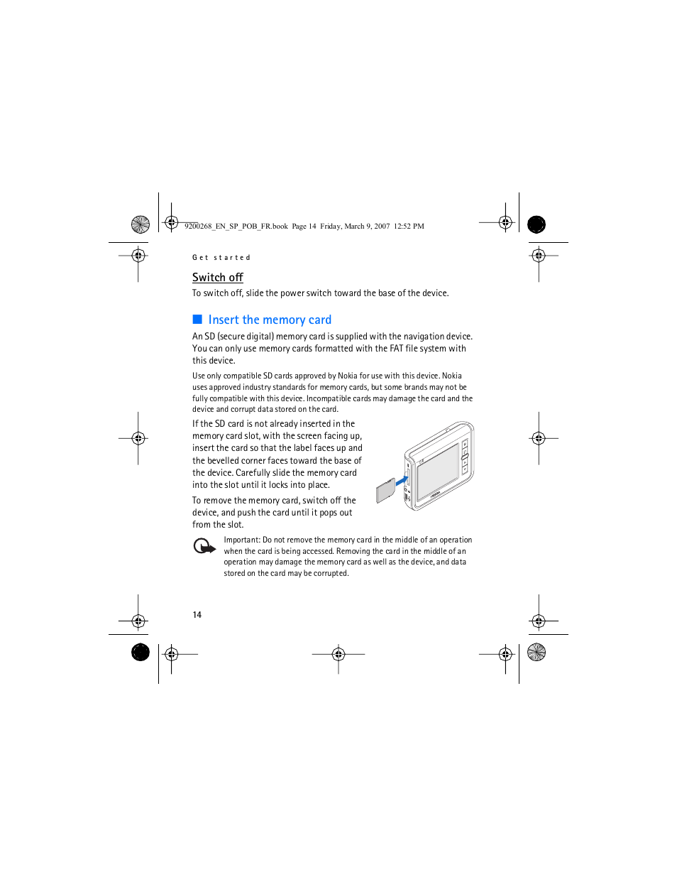 Switch off, Insert the memory card | Nokia Auto Navigation 330 User Manual | Page 14 / 120