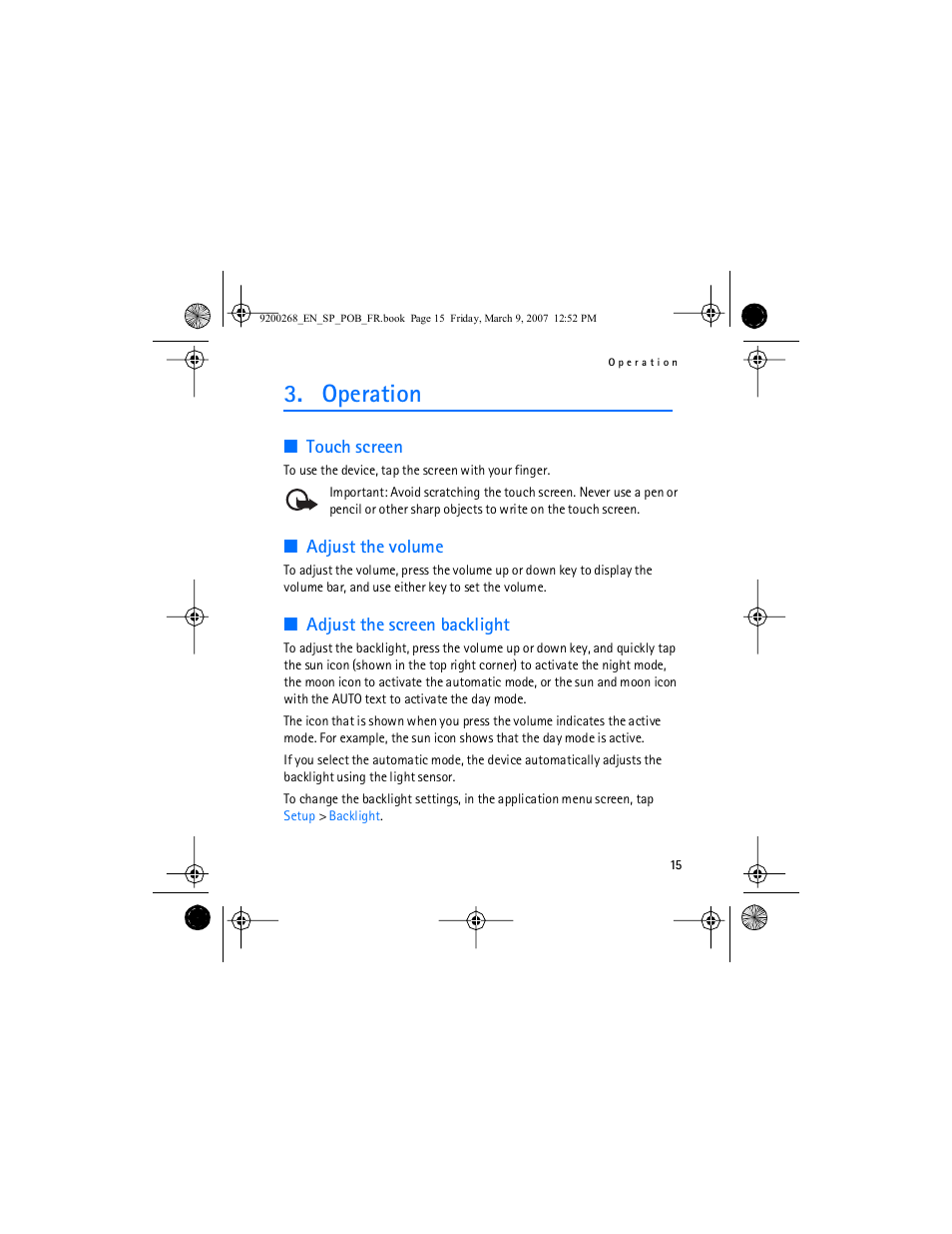 Operation, Touch screen, Adjust the volume | Adjust the screen backlight | Nokia Auto Navigation 330 User Manual | Page 15 / 120