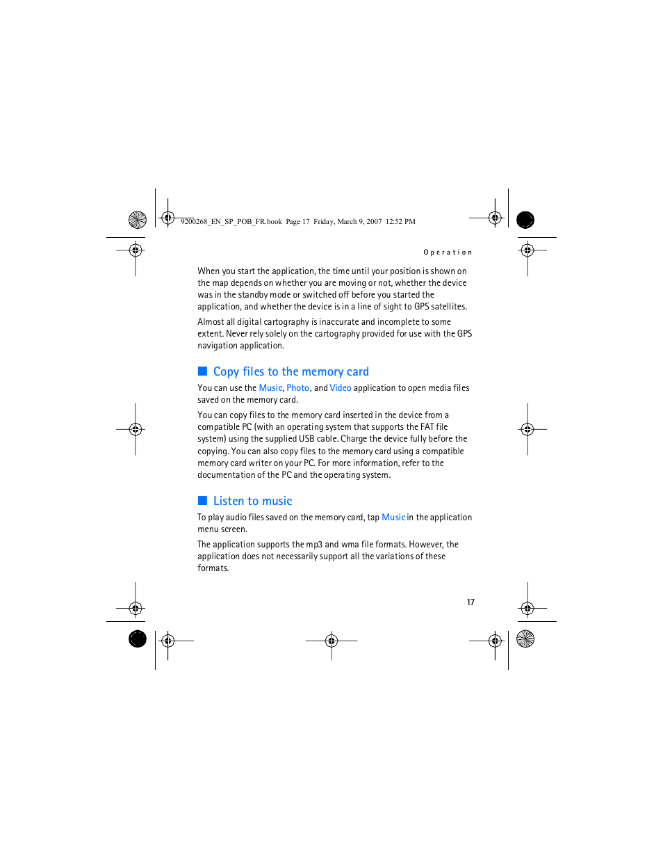 Copy files to the memory card, Listen to music | Nokia Auto Navigation 330 User Manual | Page 17 / 120