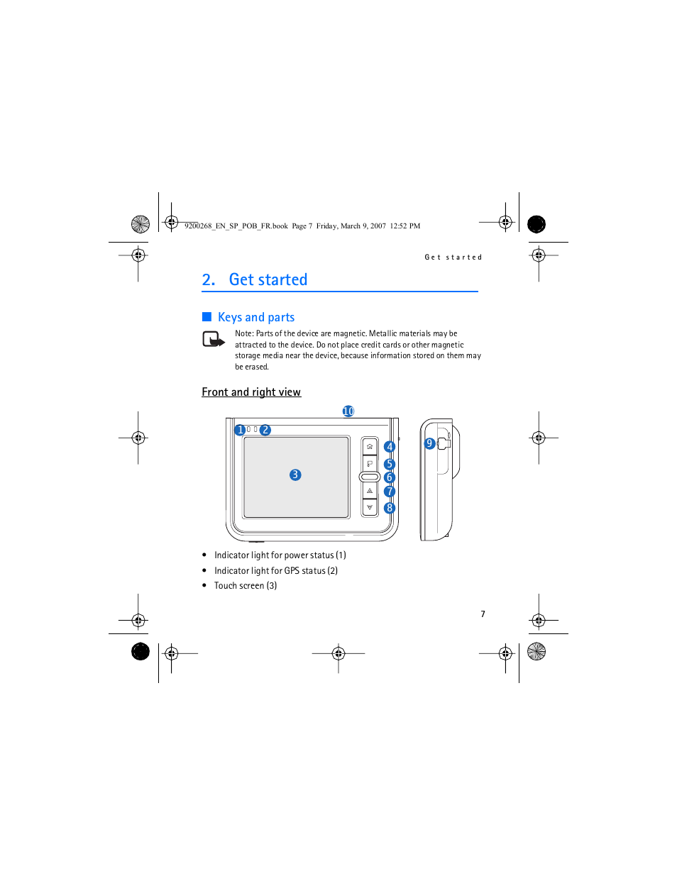 Get started, Keys and parts, Front and right view | Nokia Auto Navigation 330 User Manual | Page 7 / 120