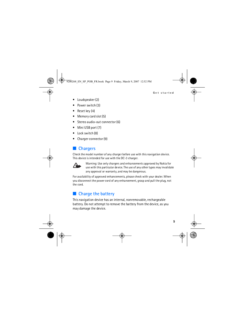 Chargers, Charge the battery | Nokia Auto Navigation 330 User Manual | Page 9 / 120