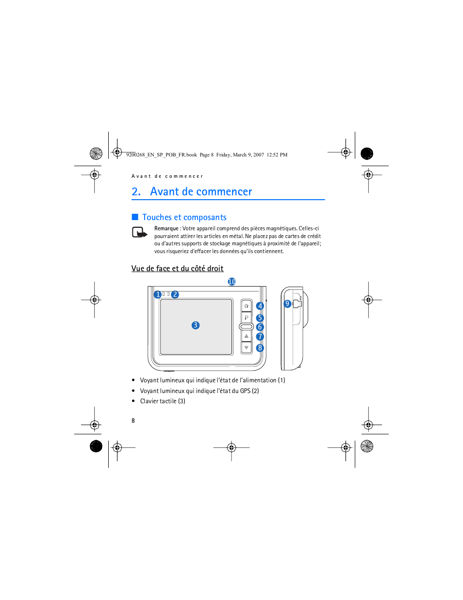 Avant de commencer, Touches et composants, Vue de face et du côté droit | Nokia Auto Navigation 330 User Manual | Page 96 / 120