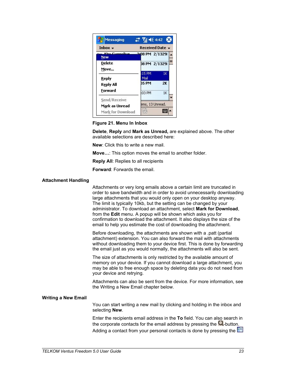 Attachment handling, Writing a new email | Nokia Windows Mobile Pocket PC User Manual | Page 23 / 31