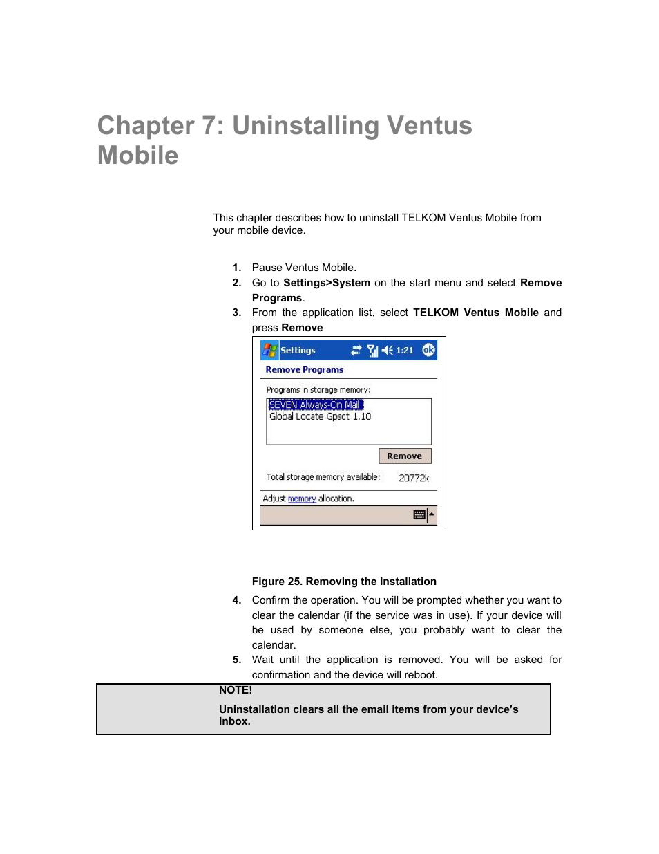 Chapter 7: uninstalling ventus mobile | Nokia Windows Mobile Pocket PC User Manual | Page 28 / 31