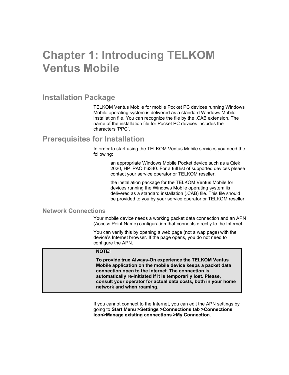 Network connections, Chapter 1: introducing telkom ventus mobile, Installation package | Prerequisites for installation | Nokia Windows Mobile Pocket PC User Manual | Page 7 / 31