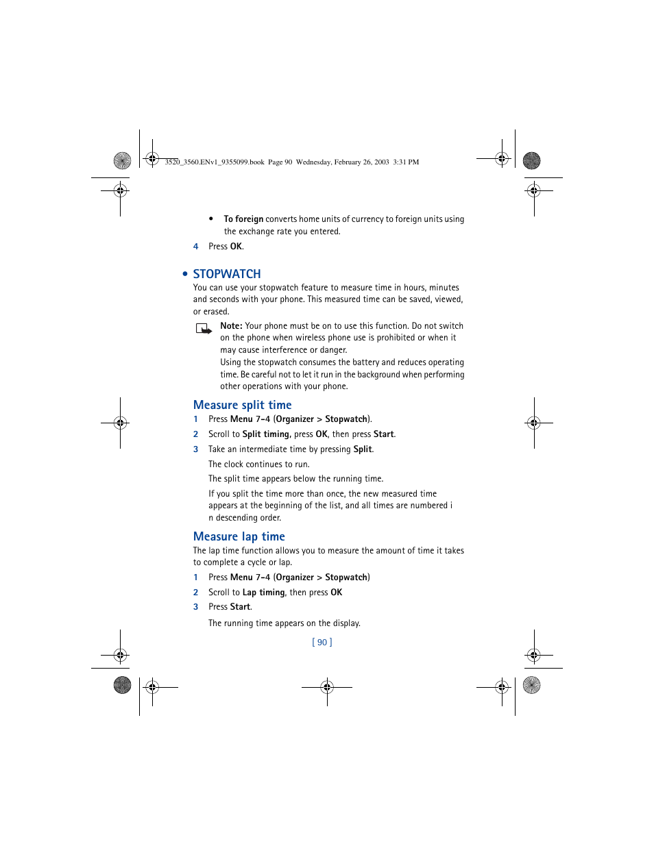 Stopwatch, Measure split time, Measure lap time | Nokia 3520 User Manual | Page 100 / 184