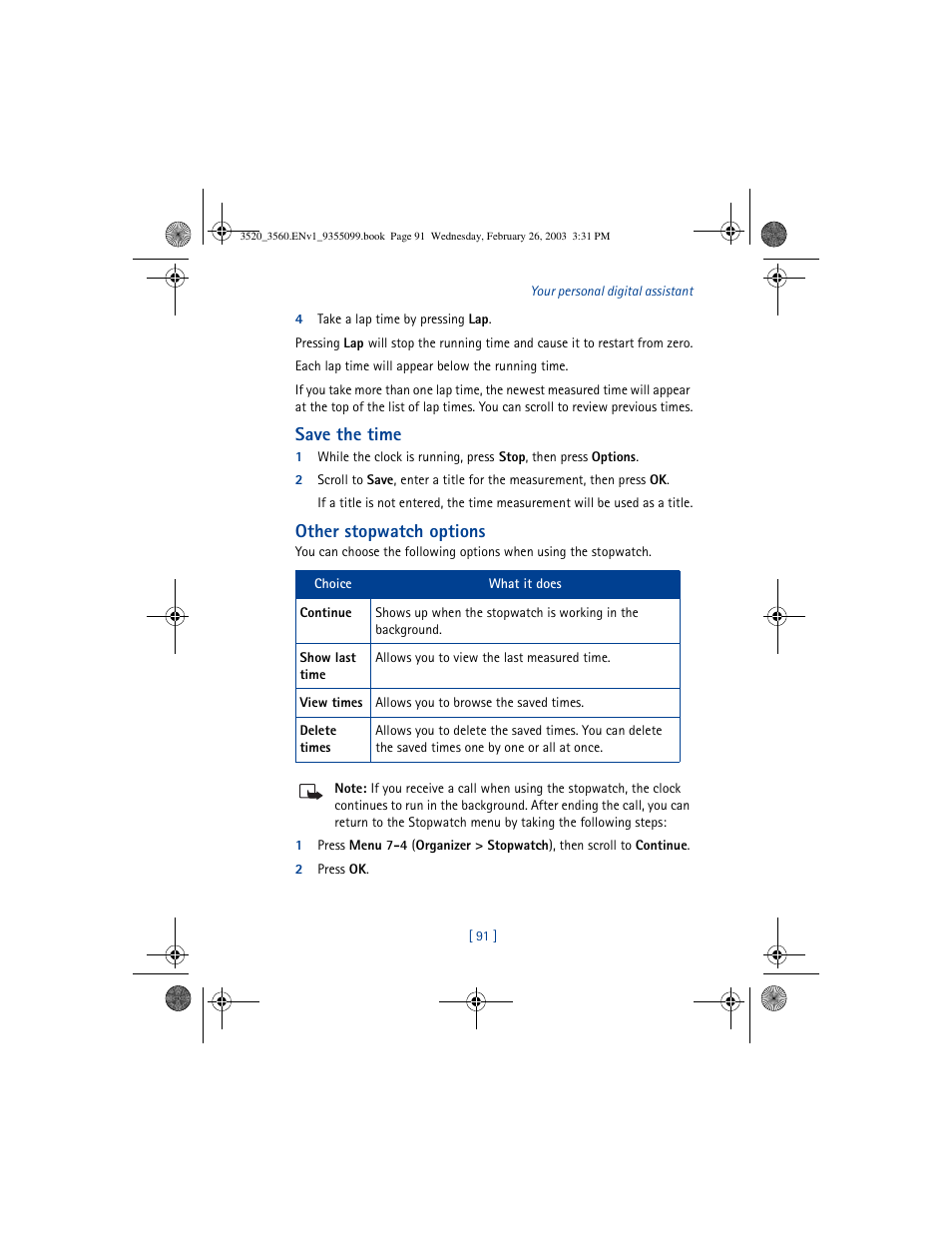 Save the time, Other stopwatch options | Nokia 3520 User Manual | Page 101 / 184