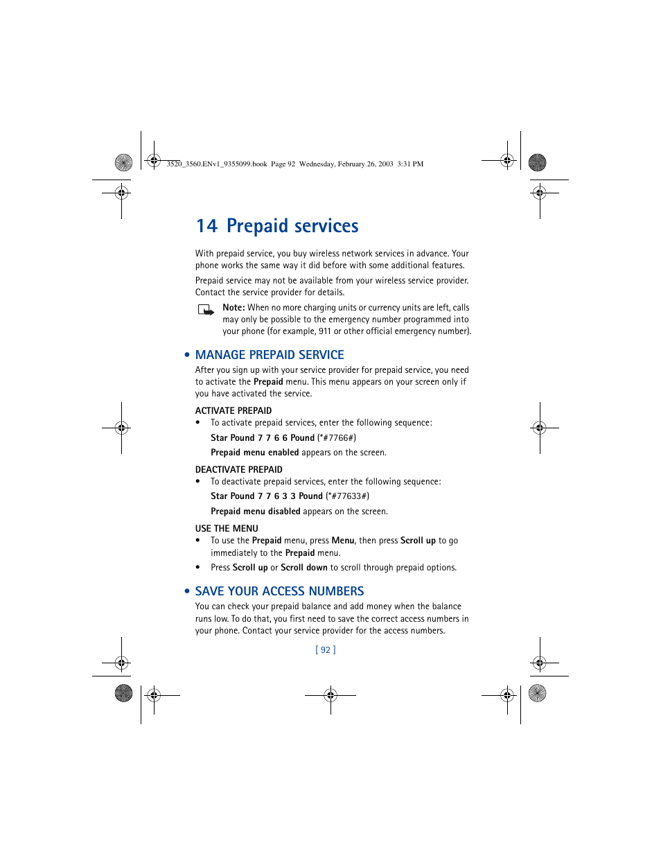 14 prepaid services | Nokia 3520 User Manual | Page 102 / 184