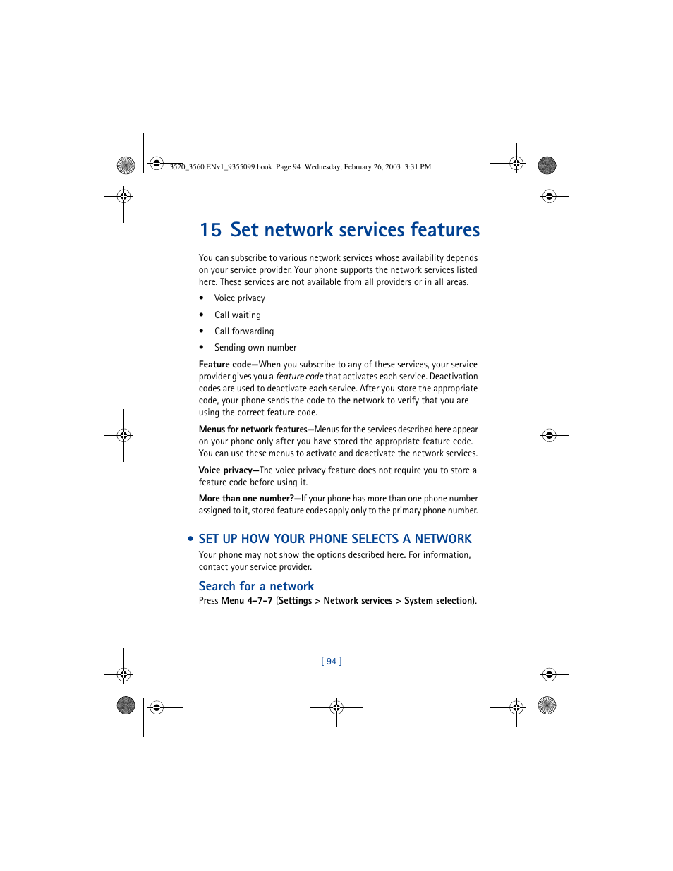 15 set network services features | Nokia 3520 User Manual | Page 104 / 184