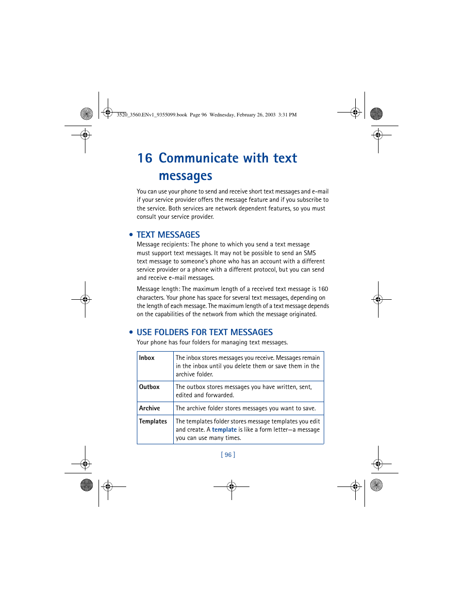 16 communicate with text messages | Nokia 3520 User Manual | Page 106 / 184