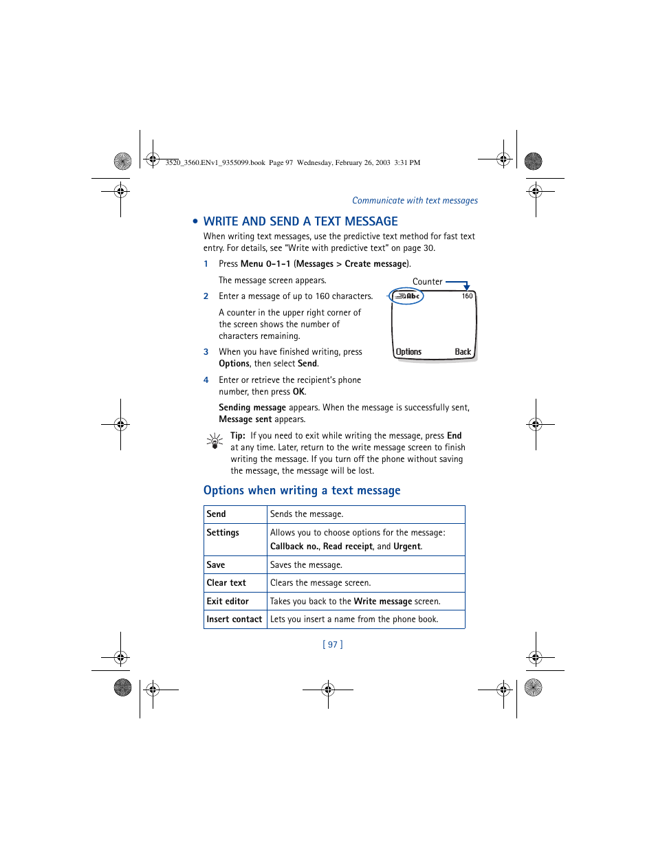 Write and send a text message, Options when writing a text message | Nokia 3520 User Manual | Page 107 / 184