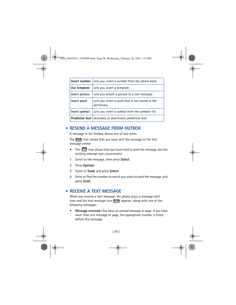 Resend a message from outbox, Receive a text message | Nokia 3520 User Manual | Page 108 / 184