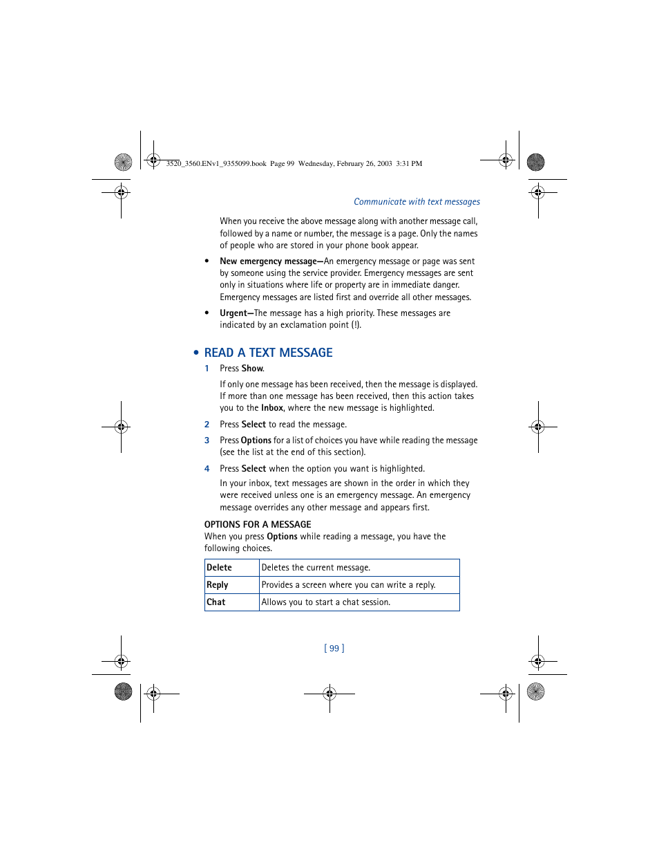 Read a text message | Nokia 3520 User Manual | Page 109 / 184