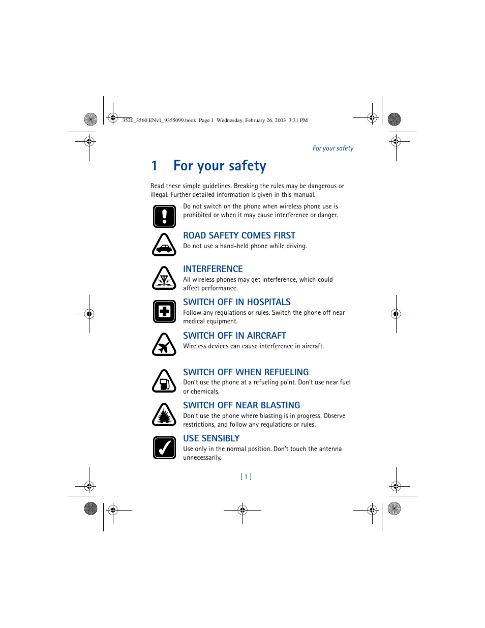 1for your safety | Nokia 3520 User Manual | Page 11 / 184