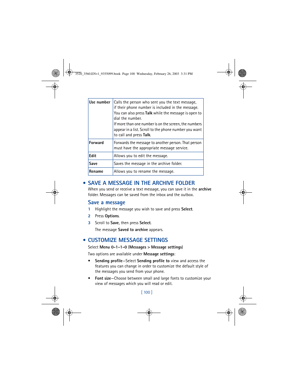 Save a message in the archive folder, Save a message, Customize message settings | Nokia 3520 User Manual | Page 110 / 184