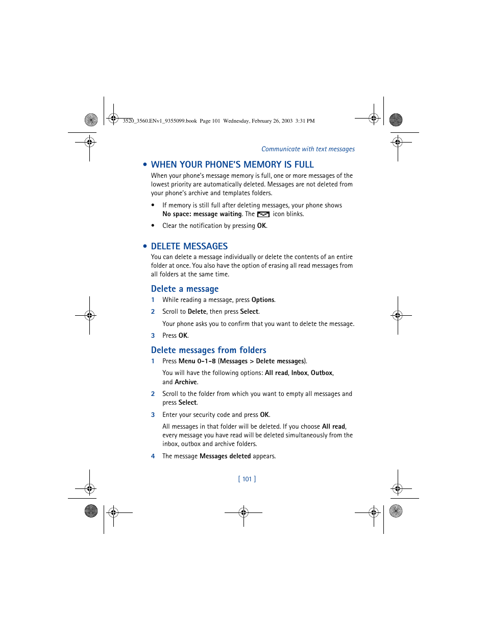 Delete messages, Delete a message, Delete messages from folders | Nokia 3520 User Manual | Page 111 / 184