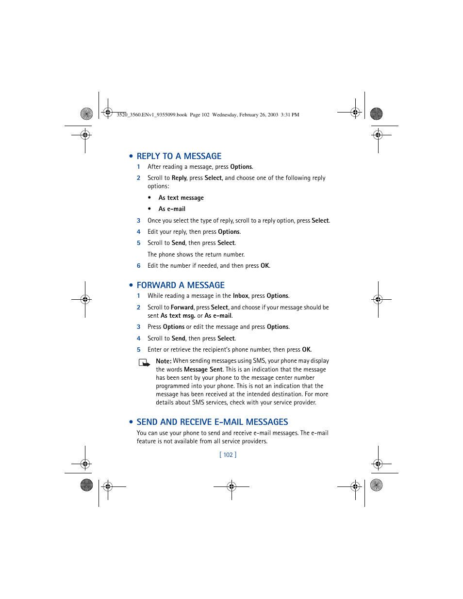 Reply to a message, Forward a message, Send and receive e-mail messages | Nokia 3520 User Manual | Page 112 / 184