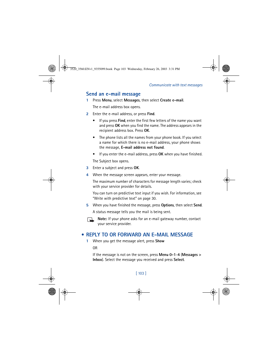 Send an e-mail message, Reply to or forward an e-mail message | Nokia 3520 User Manual | Page 113 / 184