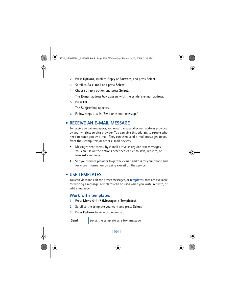 Receive an e-mail message, Use templates, Work with templates | Nokia 3520 User Manual | Page 114 / 184