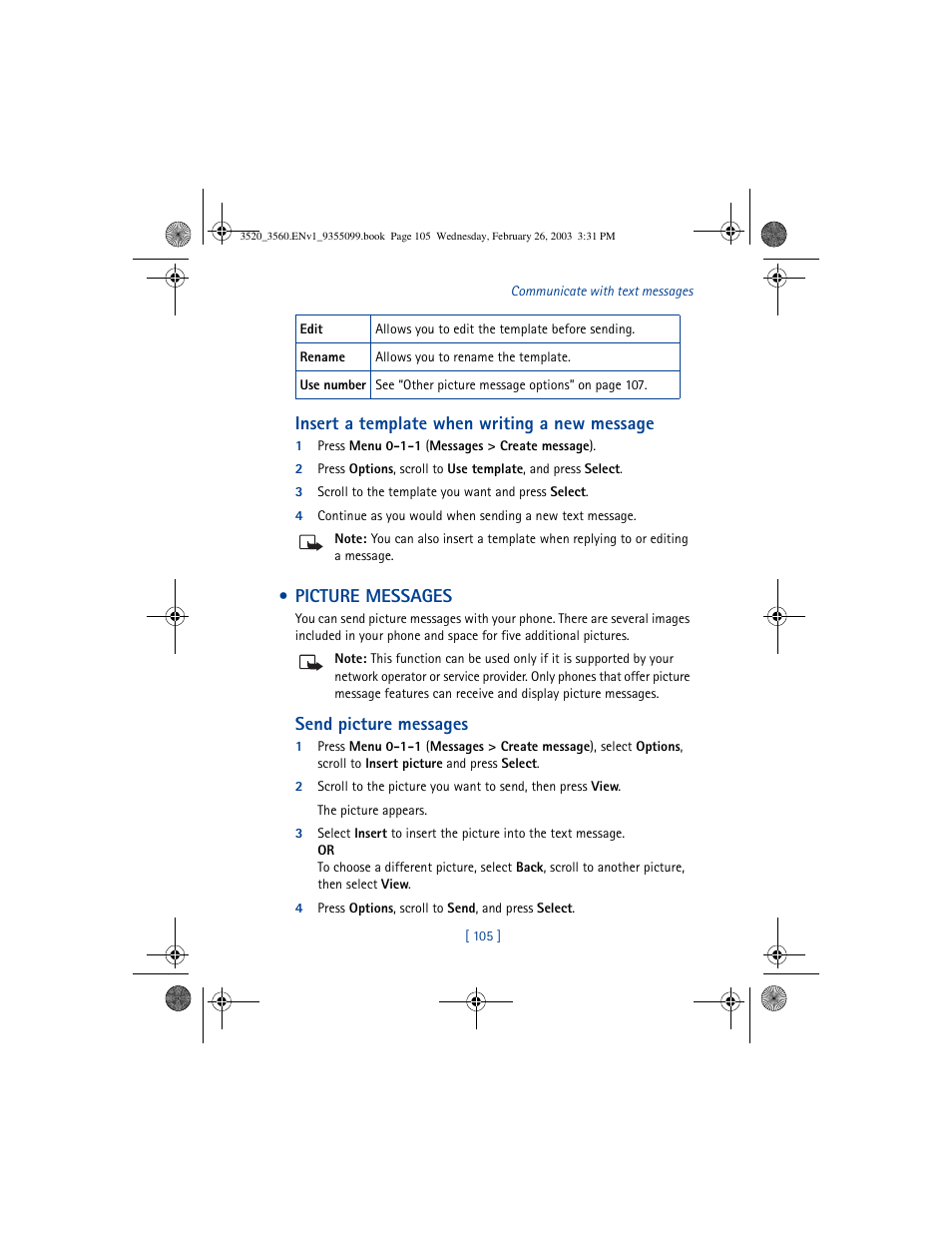 Insert a template when writing a new message, Picture messages, Send picture messages | Nokia 3520 User Manual | Page 115 / 184