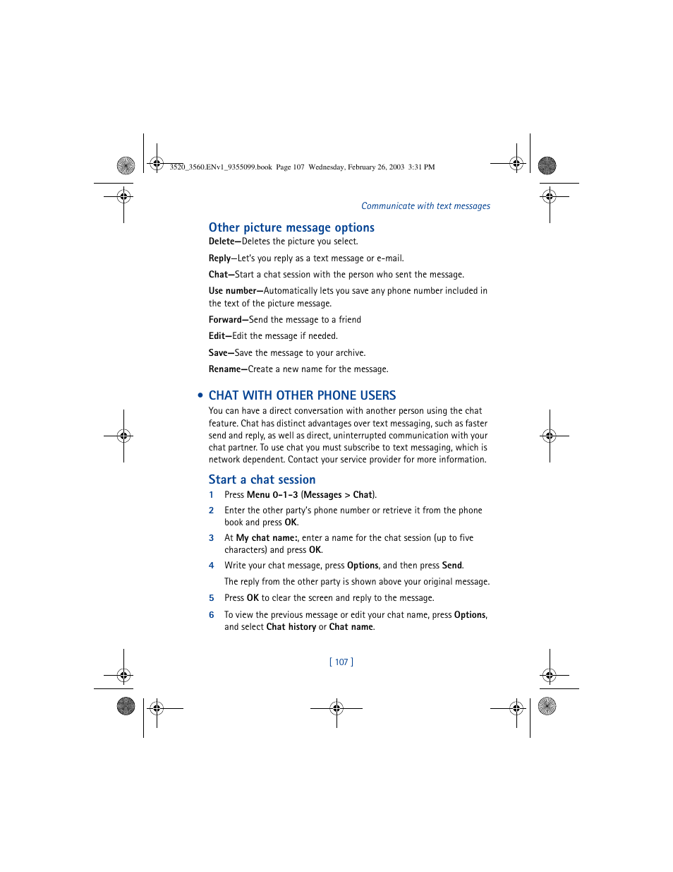 Other picture message options, Chat with other phone users, Start a chat session | Nokia 3520 User Manual | Page 117 / 184