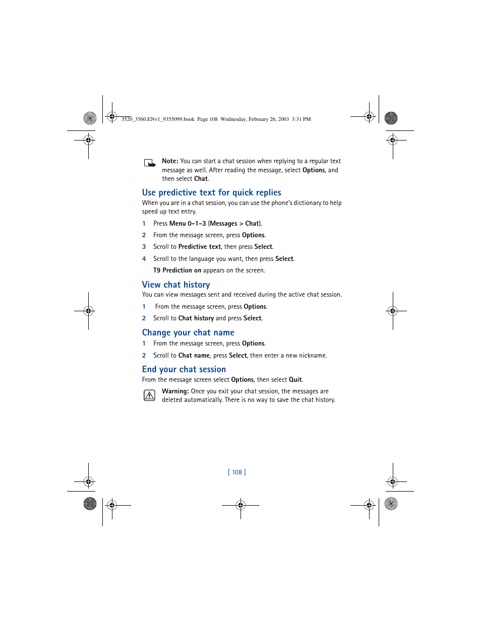 Use predictive text for quick replies, View chat history, Change your chat name | End your chat session | Nokia 3520 User Manual | Page 118 / 184