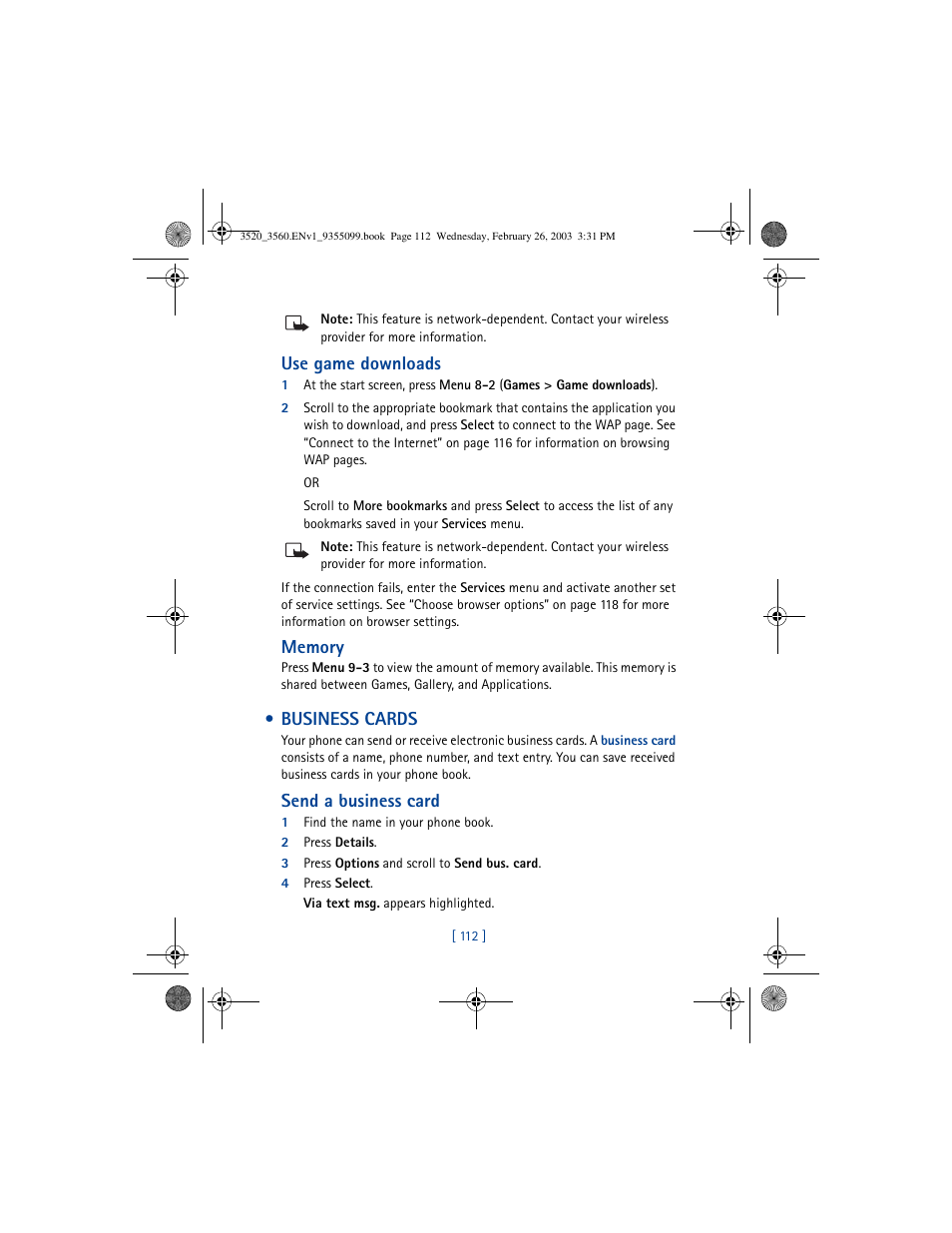 Use game downloads, Business cards, Send a business card | Nokia 3520 User Manual | Page 122 / 184