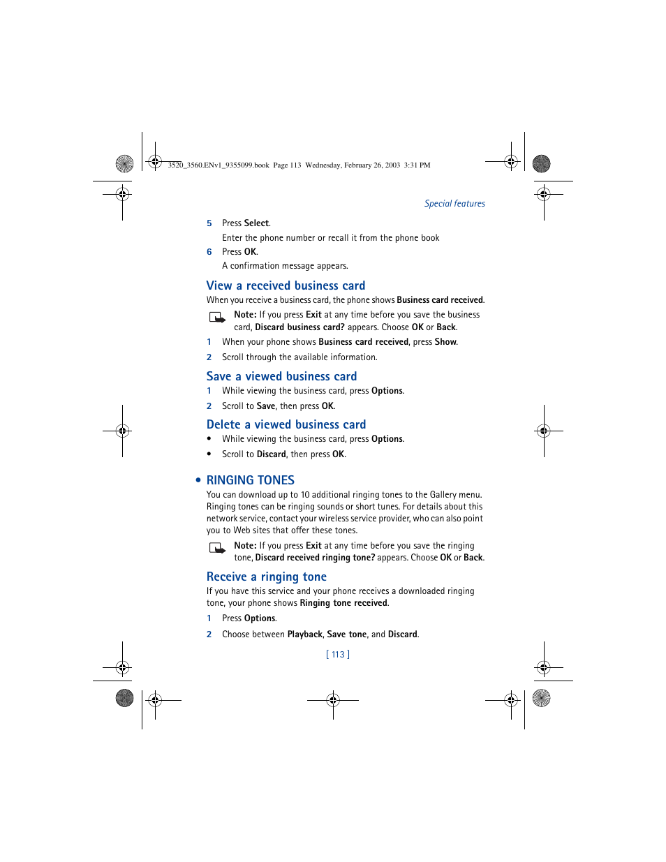 View a received business card, Save a viewed business card, Delete a viewed business card | Ringing tones, Receive a ringing tone | Nokia 3520 User Manual | Page 123 / 184