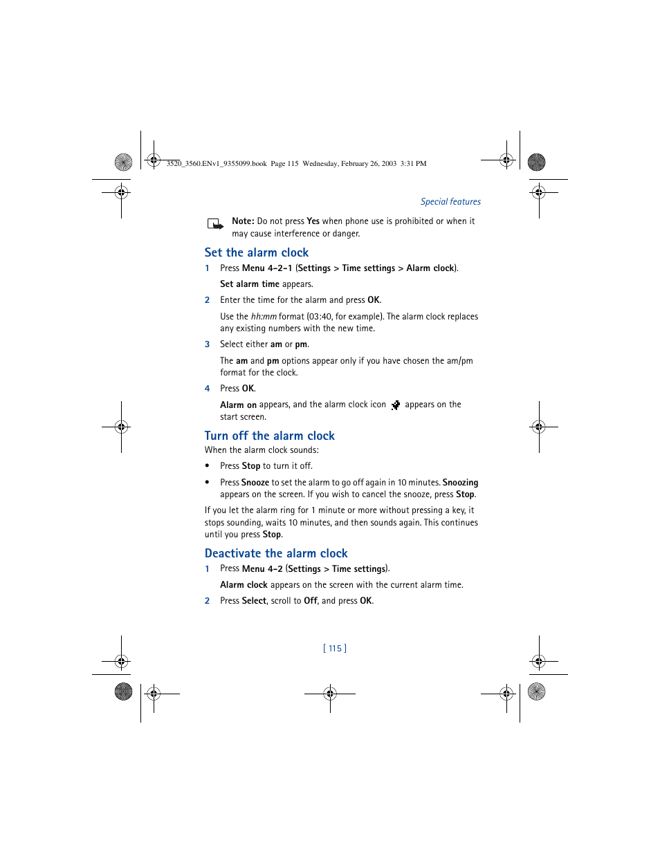 Set the alarm clock, Turn off the alarm clock, Deactivate the alarm clock | Nokia 3520 User Manual | Page 125 / 184