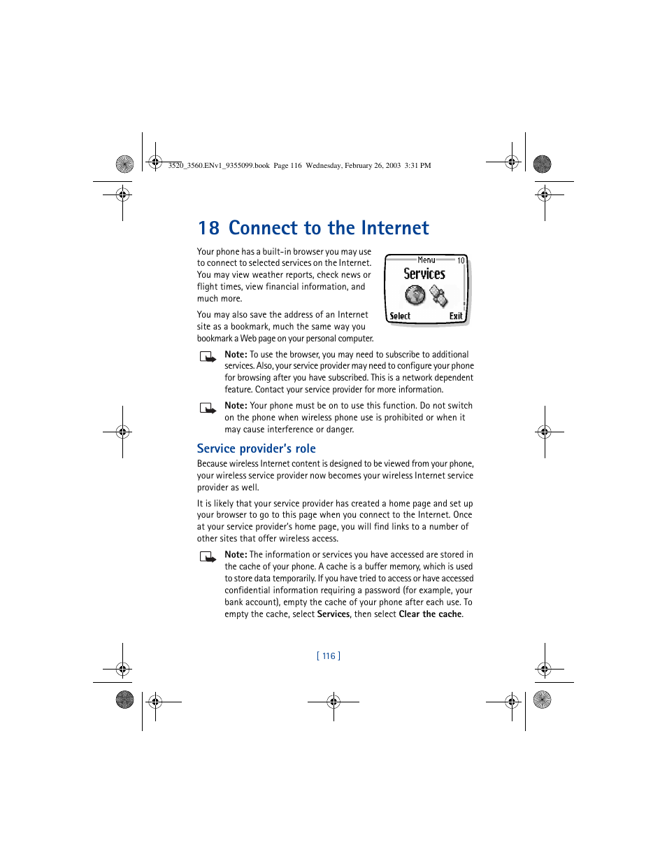 18 connect to the internet | Nokia 3520 User Manual | Page 126 / 184