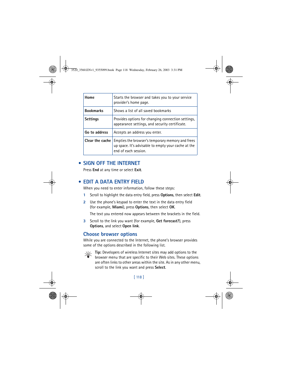 Sign off the internet, Edit a data entry field, Choose browser options | Nokia 3520 User Manual | Page 128 / 184