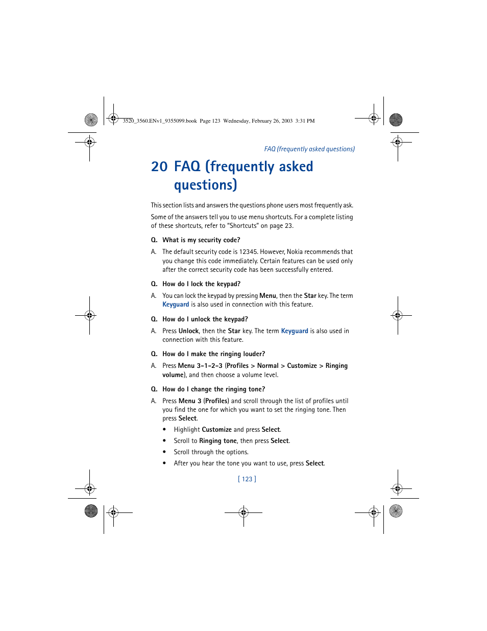 20 faq (frequently asked questions) | Nokia 3520 User Manual | Page 133 / 184