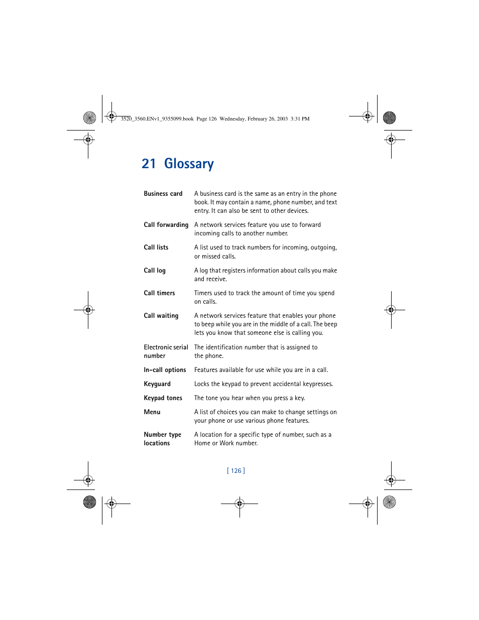 21 glossary | Nokia 3520 User Manual | Page 136 / 184